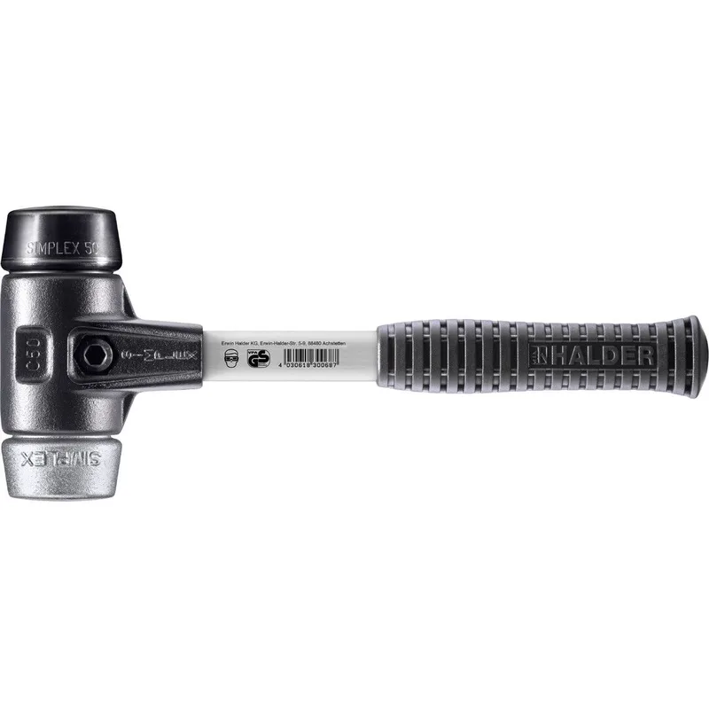 SIMPLEX Schonhammer Ø 50 mm Gummi schwarz / Weichmetall mit verstärktem Tempergussgehäuse und Fiberglasstiel von Halder – Produktbild