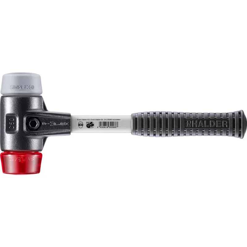 SIMPLEX Schonhammer Ø 50 mm TPE-mid grau / Plastik rot mit verstärktem Tempergussgehäuse und Fiberglasstiel by Halder – product image