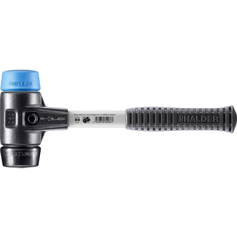 SIMPLEX Schonhammer Ø 50 mm TPE-soft blau / Gummi schwarz mit verstärktem Tempergussgehäuse und Fiberglasstiel by Halder – product image
