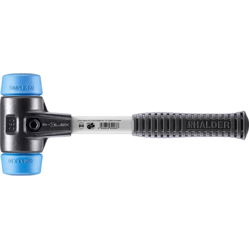 SIMPLEX Schonhammer Ø 50 mm TPE-soft blau mit verstärkem Tempergussgehäuse und Fiberglasstiel by Halder – product image