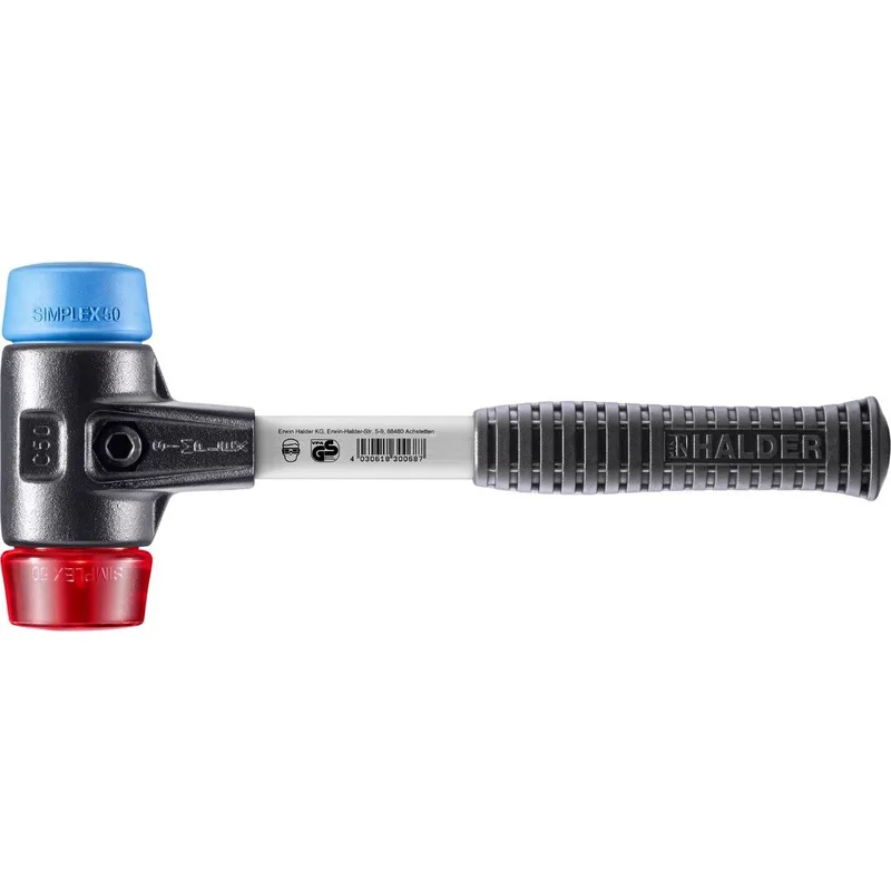 SIMPLEX Schonhammer Ø 50 mm TPE-soft blau / Plastik rot mit verstärktem Tempergussgehäuse und Fiberglasstiel by Halder – product image