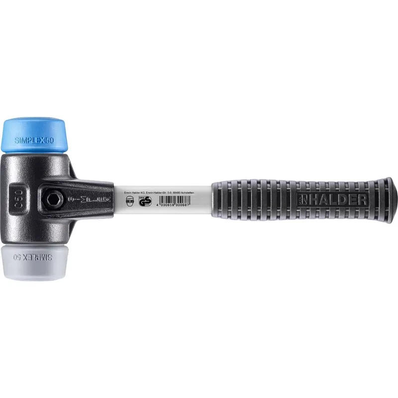 SIMPLEX Schonhammer Ø 50 mm TPE-soft blau / TPE-mid grau mit verstärktem Tempergussgehäuse und Fiberglasstiel von Halder – Produktbild