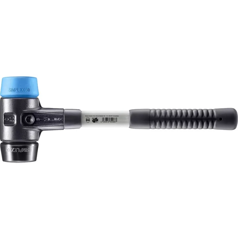 SIMPLEX Schonhammer Ø 60 mm TPE-soft blau / Gummi schwarz mit verstärktem Tempergussgehäuse und Fiberglasstiel von Halder – Produktbild
