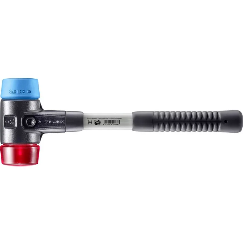 SIMPLEX Schonhammer Ø 60 mm TPE-soft blau / Plastik rot mit verstärktem Tempergussgehäuse und Fiberglasstiel von Halder – Produktbild