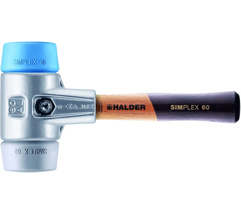 SIMPLEX Schonhammer Ø 60 mm TPE-soft blau / TPE-mid grau kurzer Stiel mit Aluminiumgehäuse | Gravur möglich van Halder – productafbeelding