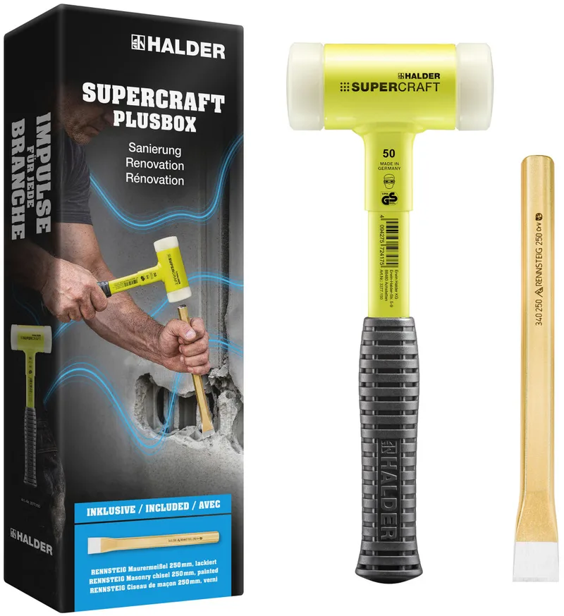 SUPERCRAFT Plusbox Sanierung Schonhammer Ø 50 mm + RENNSTEIG Maurermeißel 250 mm von Halder – Produktbild