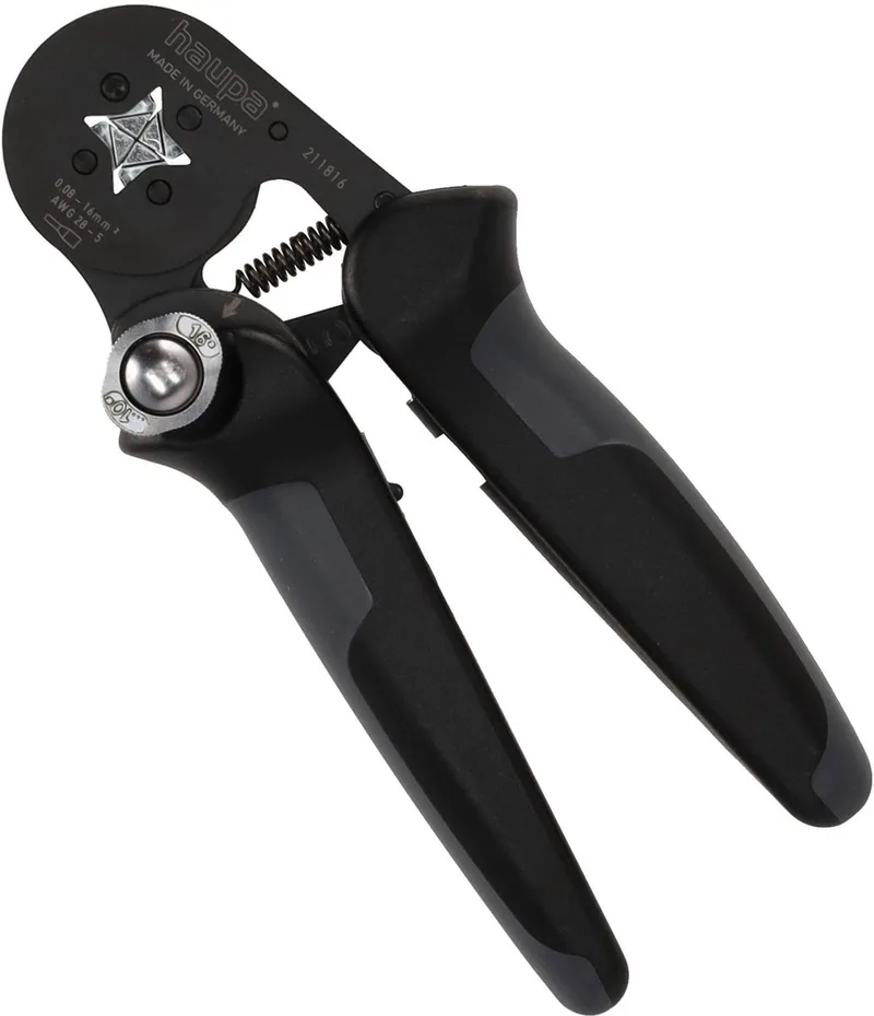 Krimptang Adereindhulzen 0,08-16mm² - Automatische instelling op de draaddoorsnede - Precisie-vierkantpersing - Ontgrendelbare veiligheidsblokkering van Haupa, Zwart – productafbeelding
