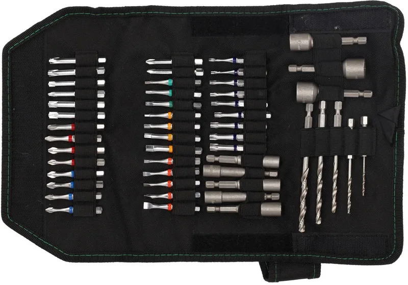 Ratelschroevendraaierset FlexBagPro met 37 Safety Bits, Doppen en Boren in Nylon Tas 51-delig - FlexPlus ratelschroevendraaier - Kleurgecodeerde torsie-bits (50 mm) - Bits voor Torx (met gat), Hex, PH, PZ, sleuf, vierkant, PZ/FL en PH/FL van Haupa, Zwart – productafbeelding