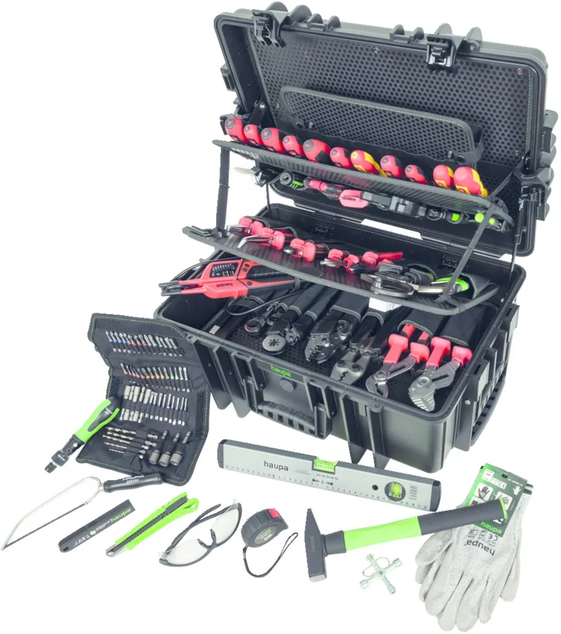 VDE geïsoleerde Gereedschapskofferwagen HUPtransporter Pro 53-delig - Combinatietangen - Zijkniptangen - Kabelmessen - Waterpomptangen - Schroevendraaier - Ratelschroevendraaier - Waterpassen de Haupa – image du produit
