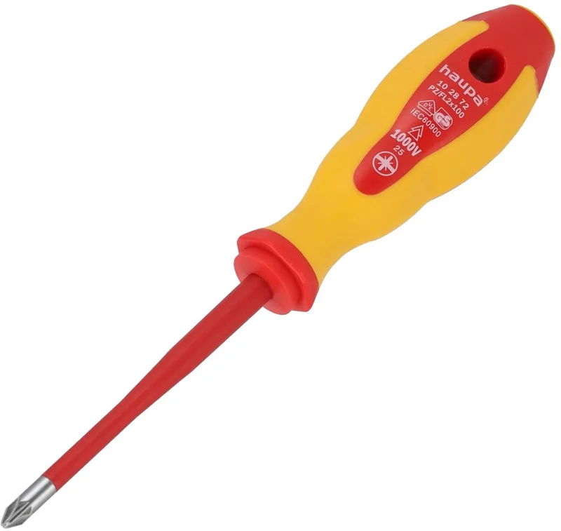 VDE geïsoleerde Kruiskopschroevendraaier HupSlim PZ/FL 2 - 1000V - Verkleinde klingdiameter met geïntegreerde isolatie - diepgelegen schroeven in stroomonderbrekers, verdeelkasten en veiligheidsschakelaars de Haupa, Jaune – image du produit
