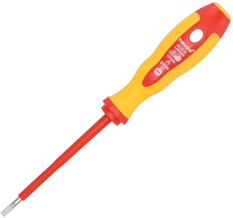 VDE geïsoleerde Sleufschroevendraaier 4 x 1,0 x 100 mm - 1000V - Kling is vervaardigd uit gehard, gestraald molybdeen-vanadiumstaal - 2-componenten handgreep van PP/TPE by Haupa, Red – product image