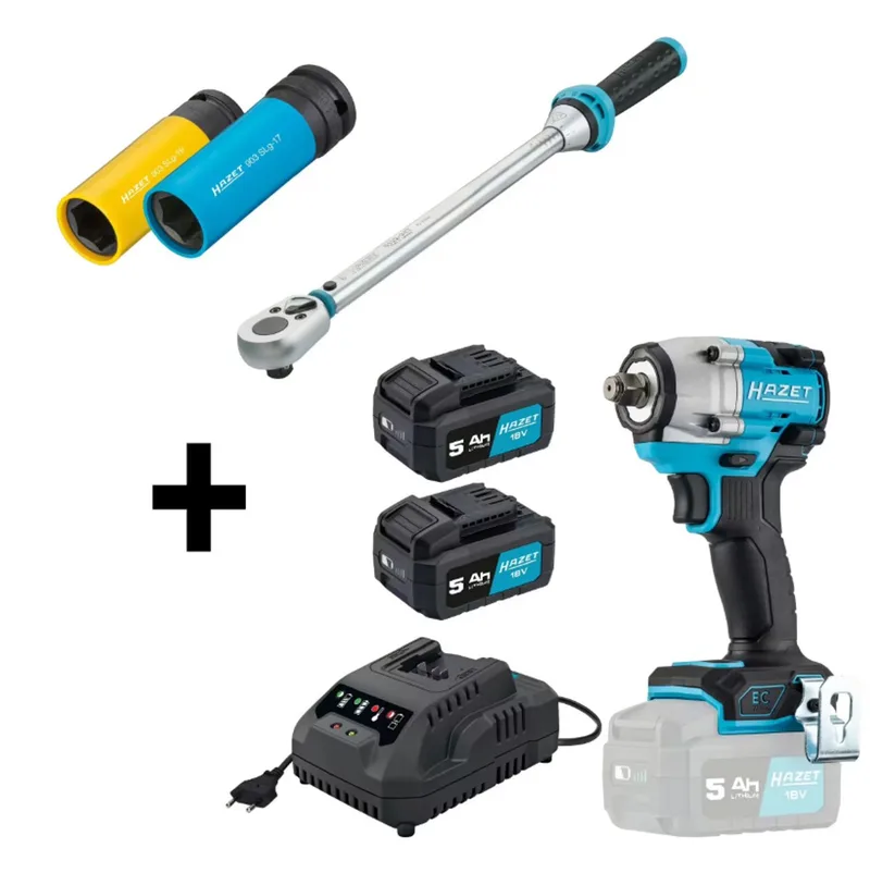 Actie pakket "9512-600/7" - 1/2", slagmoersleutel, laadapparaat + 2x accu, momentsleutel, 2x wielmoer dopsleutels de Hazet – image du produit
