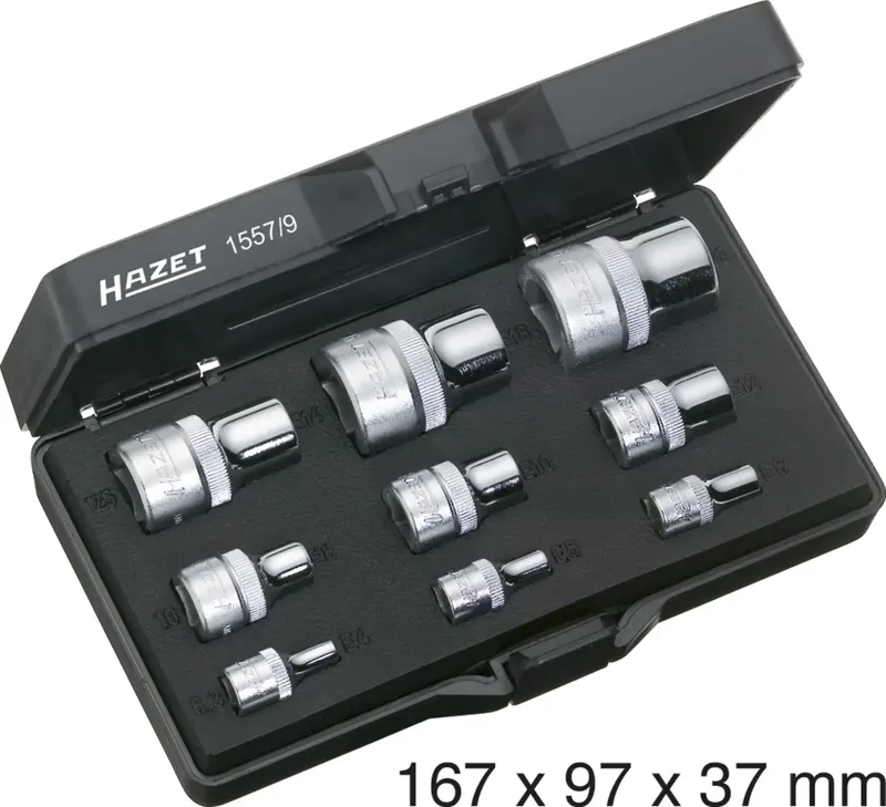 Steckschlüsseleinsatz-Set 1/4 (6.3 mm), 1/2 (12.5 mm), 3/8 (10 mm) 9teilig 1557/9 fra Hazet – produktbillede