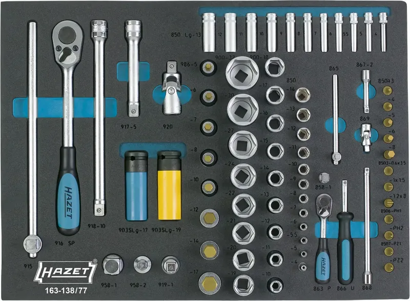 Jeu de clés à douille métrique 1/4 (6.3 mm), 1/2 (12.5 mm) 77 pièces 163-138/77 de Hazet – image du produit