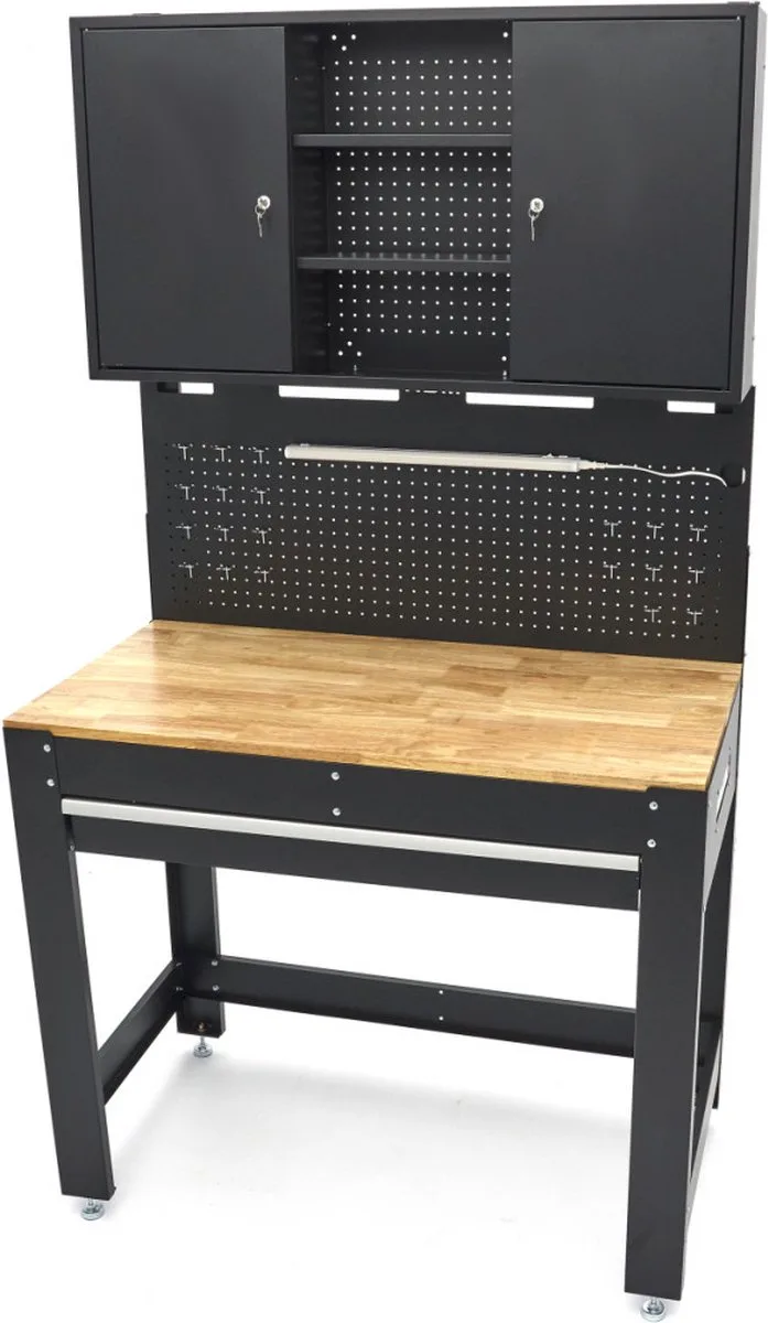 115 Cm. Werkbank Met Houten Werkblad, Achterwand Met Kastenwand, Led Verlichting , Stekkerdoos fra HBM – produktbillede