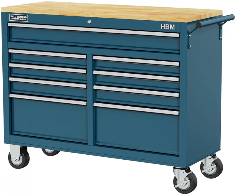 117 cm Verrijdbare Gereedschapswagen, Werkbank met Houten werkblad de HBM, Bleu – image du produit