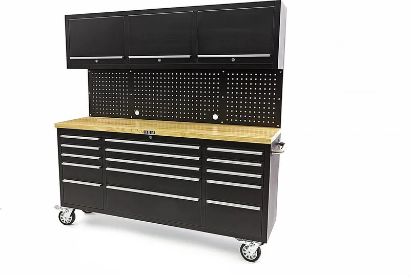 182 cm Werkbank met Kastenwand en Houten Blad Zwart fra HBM – produktbillede