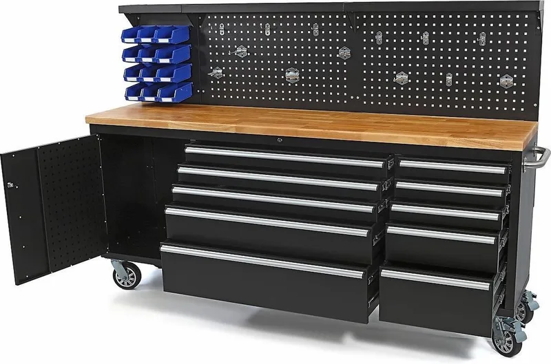 215 CM. Gereedschapswagen / Werkbank met Houten Werkblad incl Achterwand von HBM – Produktbild
