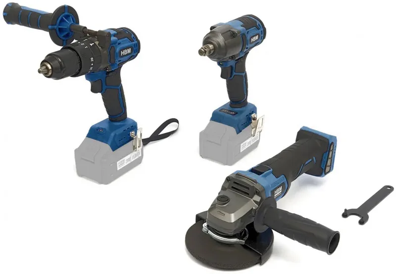 accu combiset 20V haakse slijper, slagmoersleutel en boormachine, koolborstelloos, 58 Nm, 125 mm, opbergkoffer de HBM – image du produit