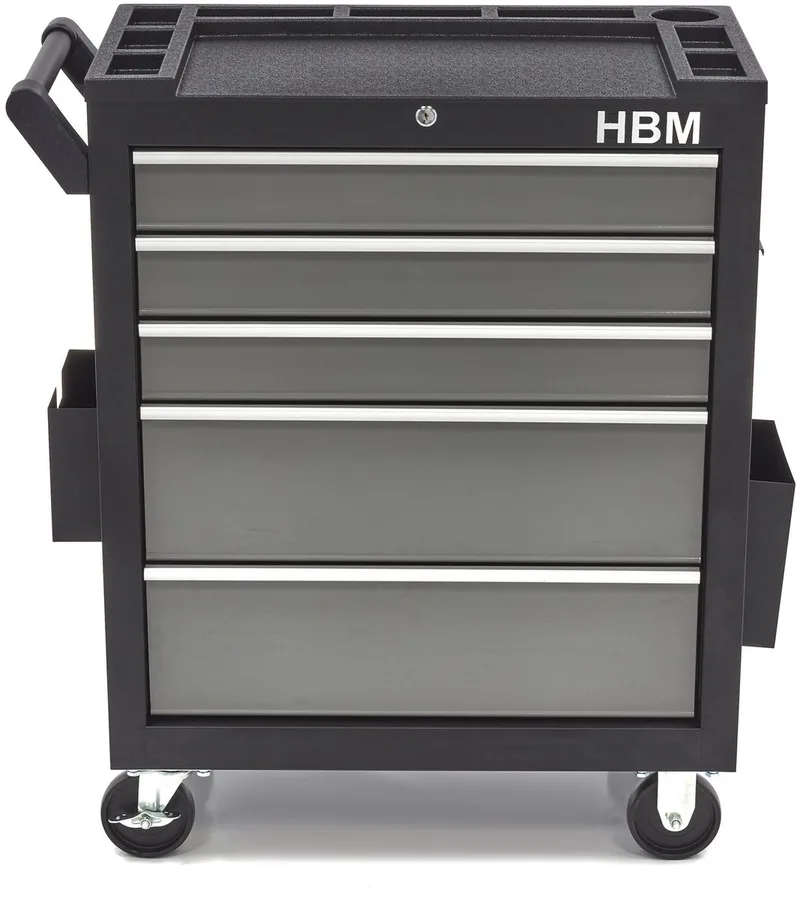 deluxe gereedschapswagen klein, 5 laden, zwart/grijs, slot, 4 wielen, 200 kg fra HBM, Neutraal – produktbillede