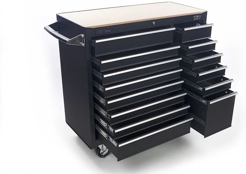 gereedschapswagen 14 laden 100 cm zwart met slot, werkblad en 453 kg draagvermogen van HBM, Neutraal – productafbeelding