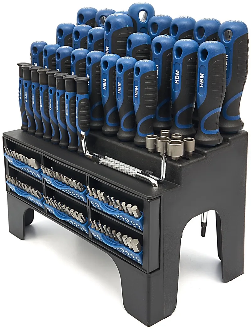 HBM 100-delige soft grip schroevendraaier-, dopsleutel- en bitset met sleuf, hex, Philips, Pozidriv, Torx en binnenvierkant van HBM, Neutraal – productafbeelding