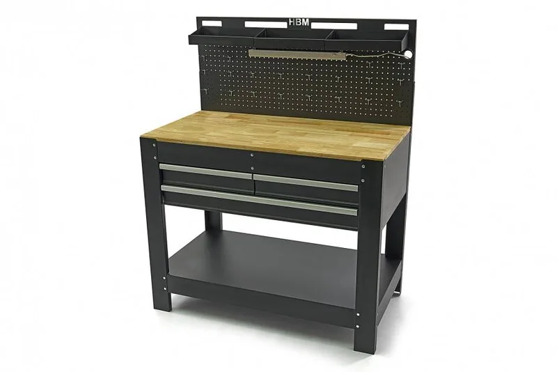 HBM 115 Cm. werkbank met houten werkblad, achterwand, LED verlichting, 20 haken en 3 opbergbakken by HBM – product image