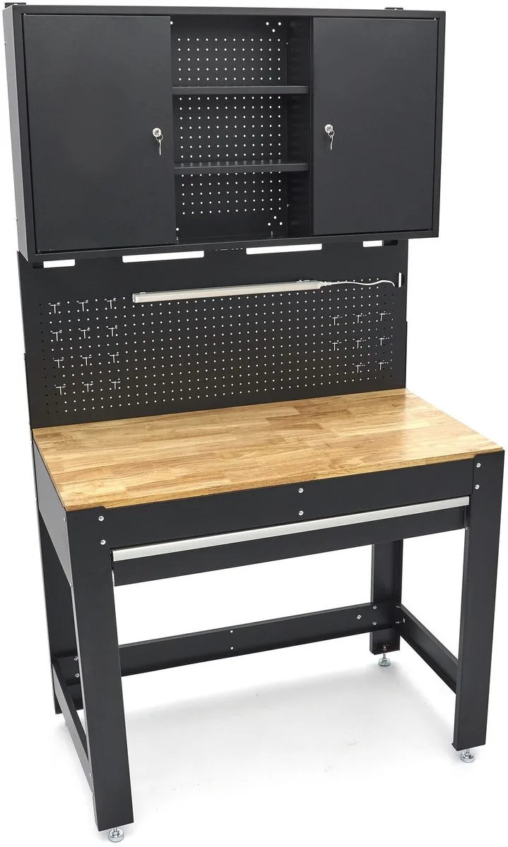 HBM 115 Cm. Werkbank Met Houten Werkblad, Achterwand Met Kastenwand, Led Verlichting , Stekkerdoos de HBM – image du produit