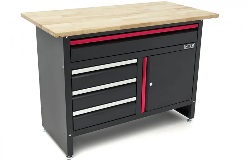 HBM 120 cm Werkbank met 4 Laden , 1 Deur en Houten Blad - Zwart de HBM – image du produit