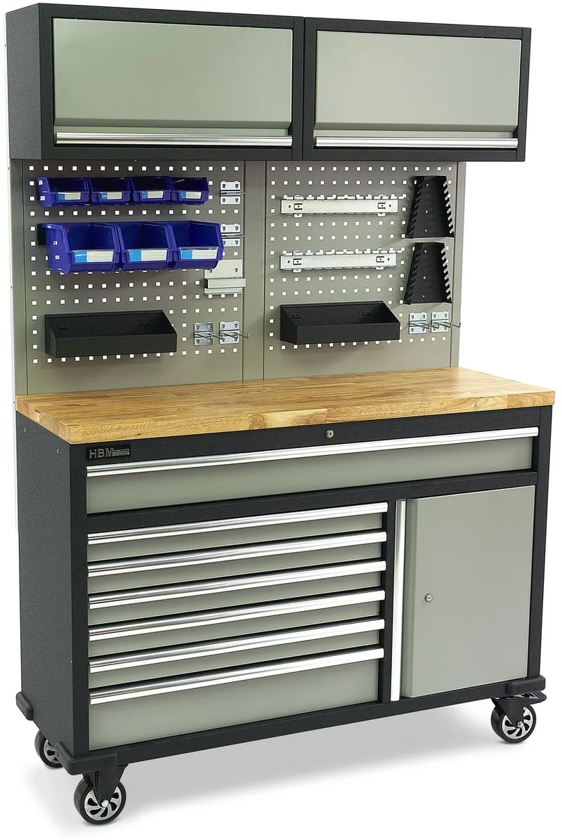HBM 136 Cm. Professionele Verrijdbare Werkbank Met Kastenwand en Accesoires de HBM – image du produit
