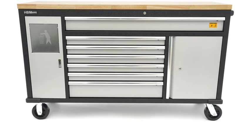 HBM 168 Cm. Professionele Verrijdbare Gereedschapswagen, Werkbank Met Massief Houten Werkblad de HBM – image du produit