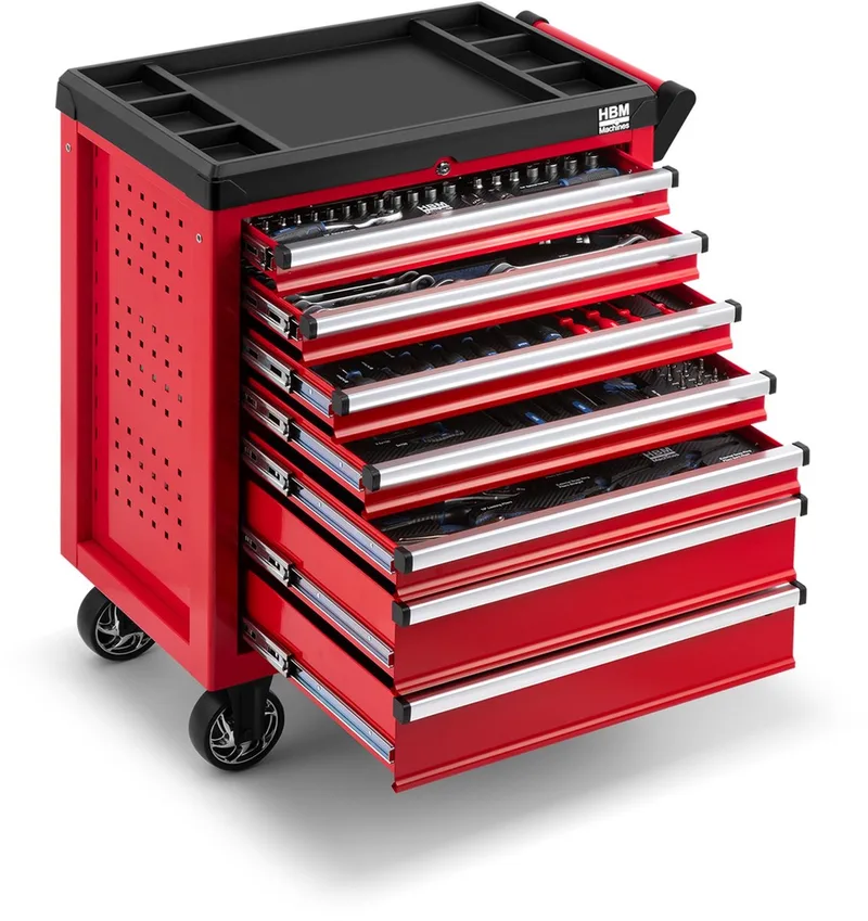 HBM 196 delar premium verktygsvagn röd – 7 låsbara lådor med kullager, hylsor 1/4 + 3/8 + 1/2, skruvmejslar, tång- & filsats – 78 x 48 x 105 cm de HBM, Neutraal – image du produit