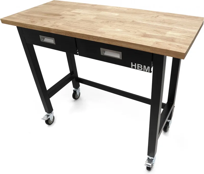 Professionele 122 cm Verrijdbare Werkbank Met 2 Laden en Massief Houten Werkblad de HBM – image du produit
