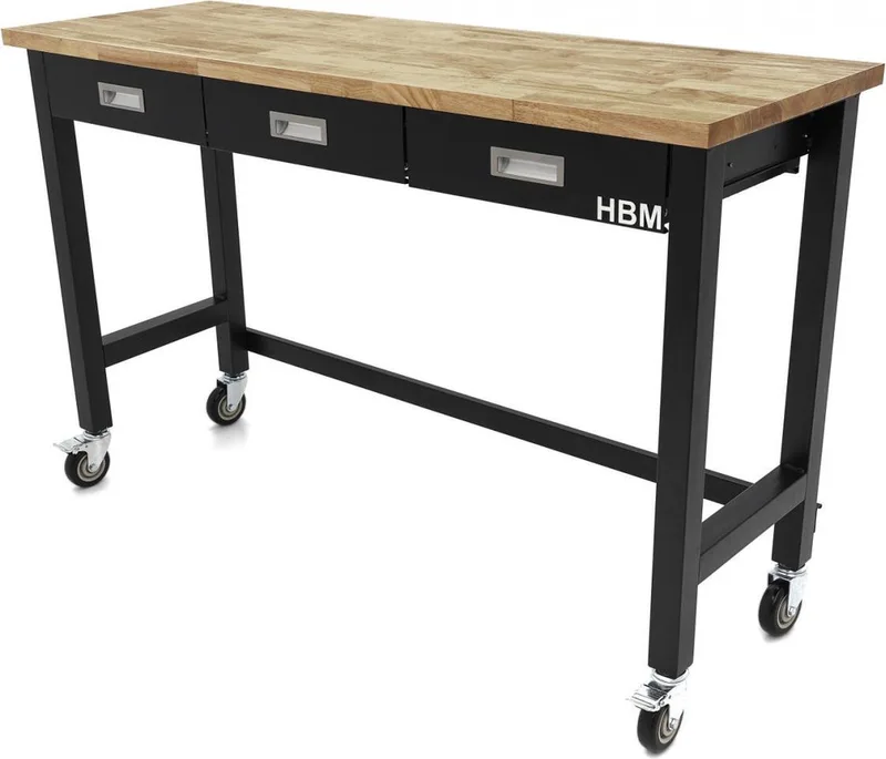 Professionele 152 Cm Verrijdbare Werkbank Met 3 Laden en Massief Houten Werkblad de HBM – image du produit