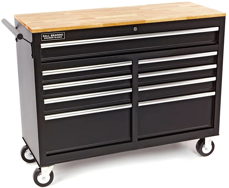 verrijdbare gereedschapswagen met houten werkblad 117 cm, zwart, 9 laden, slot de HBM, Neutraal – image du produit