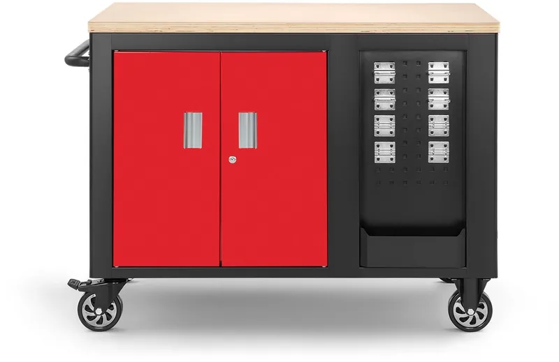 verrijdbare gereedschapswagen werkbank met houten werkblad, 10 laden, slot, rood/zwart van HBM, Neutraal – productafbeelding