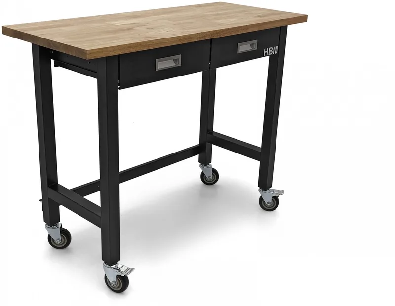 verrijdbare werkbank 122 cm met 2 laden, massief houten werkblad, zwart, 250 kg draagvermogen van HBM – productafbeelding