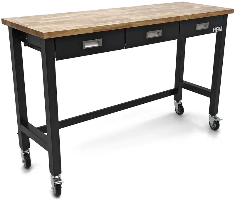 verrijdbare werkbank 152 cm met 3 laden, massief houten werkblad, zwart, 150 kg, 125 mm wielen van HBM, Neutraal – productafbeelding