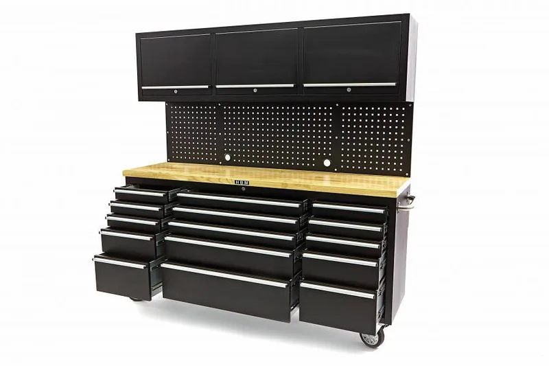 Werkbank met kastenwand en houten blad ZWART von HBM – Produktbild