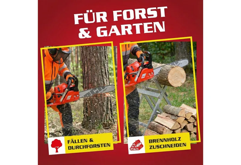 Benzin-Kettensäge Motorsäge 45 Set mit Helm und Ersatzkette, 47 cm Schwertlänge, 2,7 PS, 40cm Schnittlänge van Hecht, Rood – productafbeelding 3 van 5