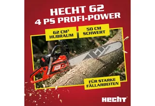 Benzin-Kettensäge Motorsäge 62, 2,9kW / 4PS, Baumkralle, 25Q72E, 50 cm Schwertlänge, 0,325´´, Umlenkstern, 45 cm Schnittlänge, 5,4 kg van Hecht, Rood – productafbeelding 2 van 5