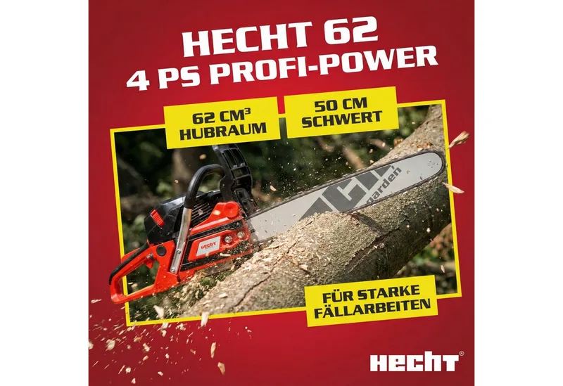Benzin-Kettensäge Motorsäge 62, 2,9kW / 4PS, Baumkralle, 25Q72E, 50 cm Schwertlänge, 0,325´´, Umlenkstern, 45 cm Schnittlänge, 5,4 kg van Hecht, Rood – productafbeelding 2 van 5