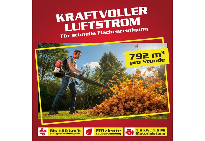 Benzin-Laubbläser mit Rückentragegurt bis 180 km/h, 1,7PS/1,25kW, 900m³/h, 43 cm³ by Hecht, Red – product image 2 of 5