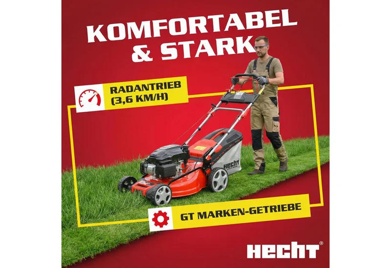 Benzinrasenmäher 554 SXE 5in1 mit Radantrieb Elektrostart, 53 cm Schnittbreite, Mulchkit, 6,5 PS van Hecht, Rood – productafbeelding 4 van 5