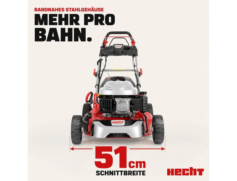 Benzinrasenmäher mit Antrieb Elektrostart 5in1 Funktion, 4Gänge, bis 4,5km/h, 51 cm Schnittbreite, 4,4 kW / 6 PS, Mulchkit, Seitenauswurf, Zerkleinern van Hecht, Rood – productafbeelding 3 van 5