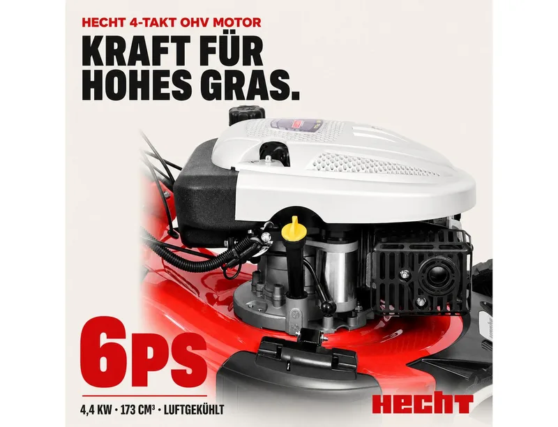 Benzinrasenmäher mit Antrieb Elektrostart 5in1 Funktion, 4Gänge, bis 4,5km/h, 51 cm Schnittbreite, 4,4 kW / 6 PS, Mulchkit, Seitenauswurf, Zerkleinern van Hecht, Rood – productafbeelding 4 van 5
