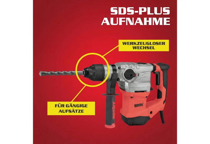 Bohrhammer mit Kabel 1500W SDS-Plus 4250 U/min, 230 V, max. 860 U/min, mit Koffer van Hecht, Rood – productafbeelding 4 van 5