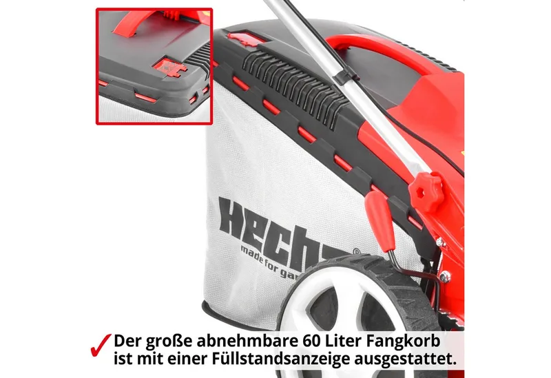 Elektrorasenmäher 1845 mit Mulchkit Stahlgehäuse, 46 cm Schnittbreite, 1800W, 30-75 mm Schnitthöhe von Hecht, Rot – Produktbild 5 von 5
