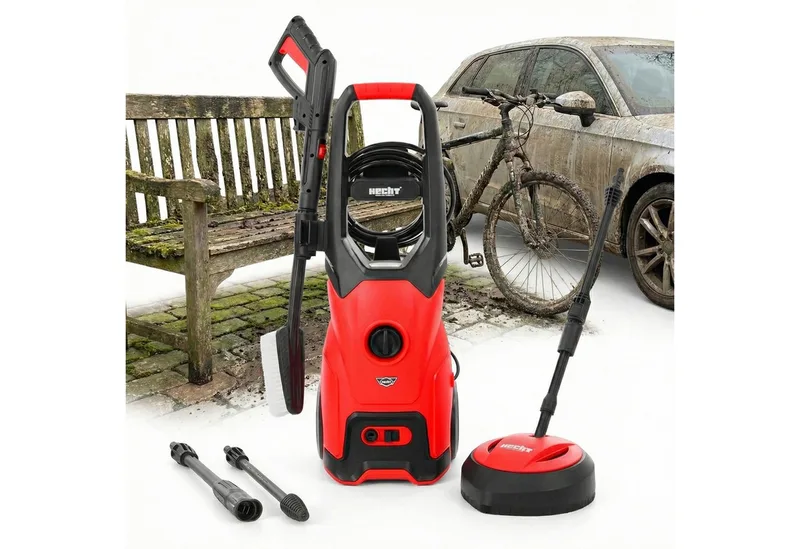 Hochdruckreiniger elektrisch mit Terrasen- & Waschbürste, 5,7m Schlauch, Druck max: 160 bar, Fördermenge max: 420 l/h, Transporträder, regulierbare Vario-Düse de Hecht, Rouge – image du produit 1 sur 5