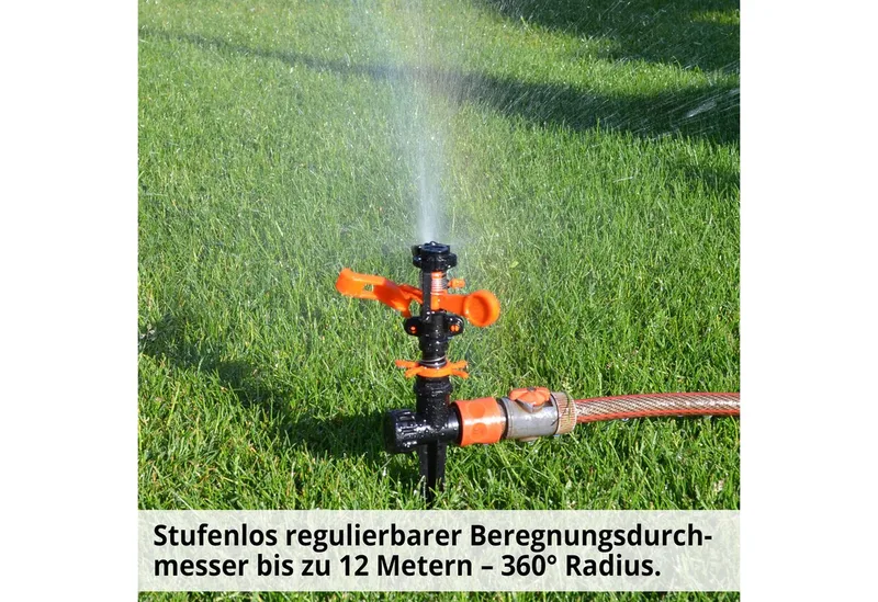 Regner 08103 Impulsregner, für Flächen bis 450 m², 15 cm lang, Rasensprenger Gartensprenger Kreisregner Erdspieß Bewässerung 360° von Hecht, Orange – Produktbild 3 von 5
